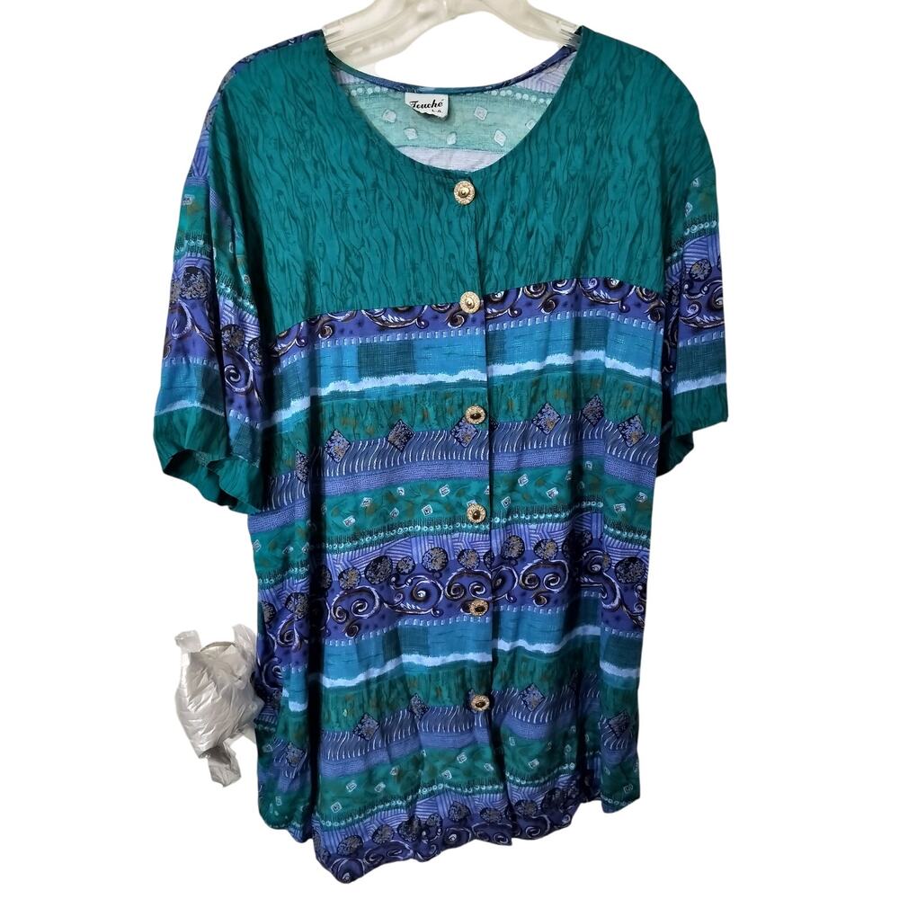 3499)Vtg Touche Blue Purple Aqua Hand Drawn Button Up Short Sleeve Blouse XL?